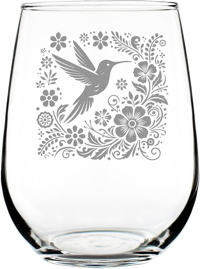 Hand Engraved Hummingbird Stemless Wine Glass, Etched Floral Nature Lover, Unique Botanical Garden Theme Glassware by Make+Your+Mark+Design