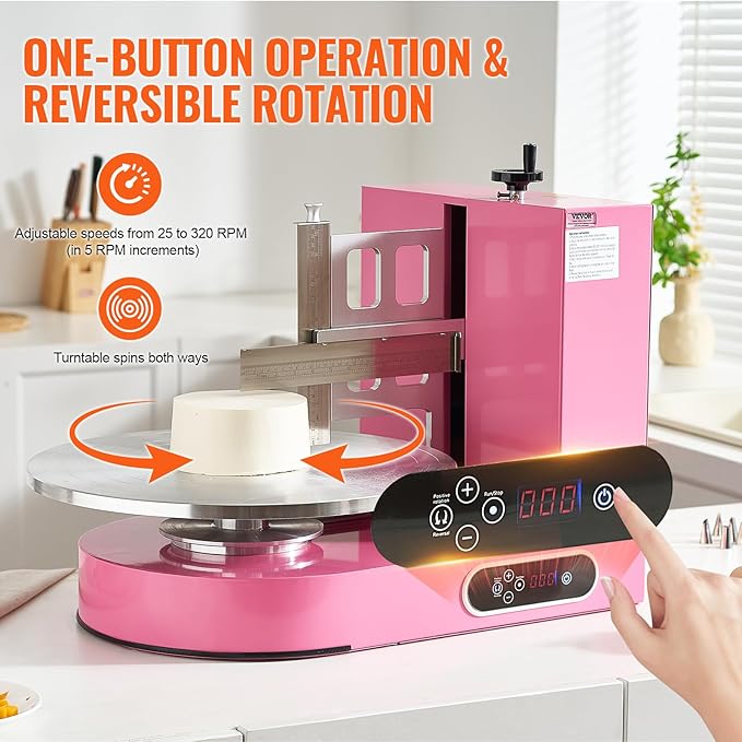 VEVOR Cake Decorating Machine, Cake Cream Spreading Coating Smearing Machine, Low Noise Cake Frosting Machine, Turntable with Adjustable Scraper, for 4" to 16" Cake, 25-320RPM Rotating Speed, Pink
