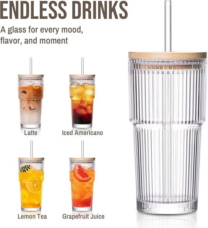 SoulTimes 20oz Ribbed Glass Tumbler with Bamboo Lid and Straw – Iced Coffee Glasses Cups for Smoothie, Matcha, Juice, Water etc. Leakproof and Reusable Glassware Drinking for Travel To Go 【2 Pack】 - Image 6