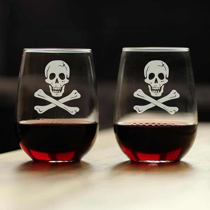 Skull and Crossbones Wine Glass Engraved in Colorado - 17 oz - Set of 2 | Bevvee Gift ideas for pirate enthusiast or sailor who loves skull glassware. Wine glass drinkware for home bars and parties - Image 2