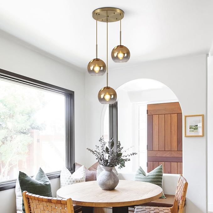KCO Lighting 3 Light Globe Cluster Pendant Light Modern Glass Cluster Chandelier Gold Glass Pendant Light Fixture Mid Century Dining Room Chandelier Multi Pendant Light Fixture - Image 5