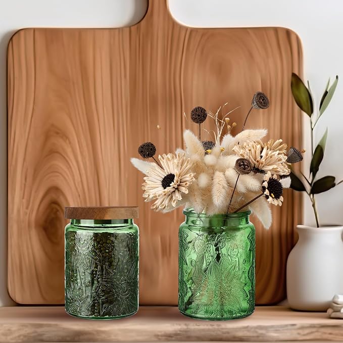 LemonRoad 2 Pcs Vintage Glass Storage Jars 23.67 oz Candy Jar Canister with Solid Wood Lids Food Storage Container for Kitchen, Ground Coffee, Tea, Sugar, Decorative Mason Cookie Jars (Green) - Image 6