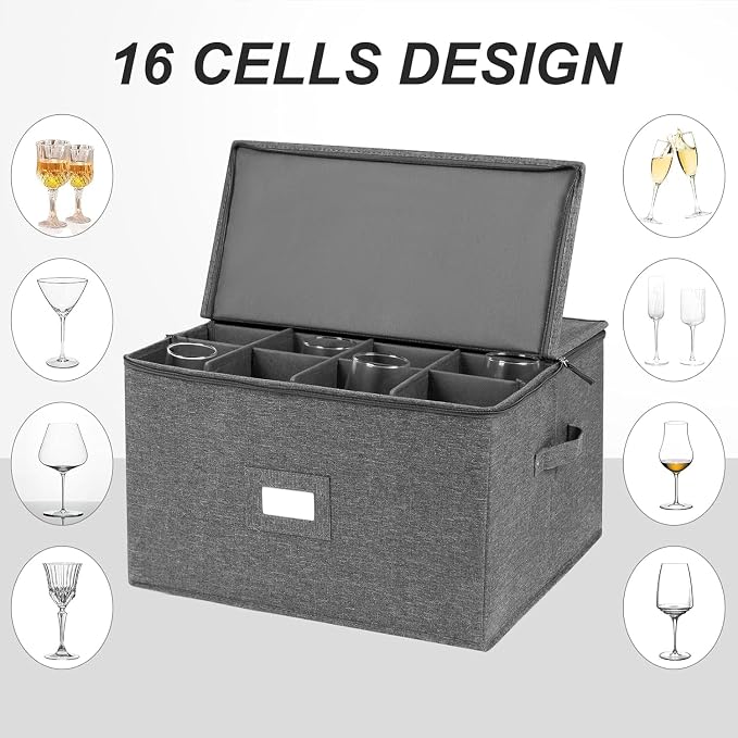 popoly Stemware Storage Cases 2 Pack, Wine Glass Storage Box Containers | Glassware Storage Containers for Glassware or Crystal, Holds 32 Red or White Wine Glasses, Hard Top and Stackable (Grey) - Image 6