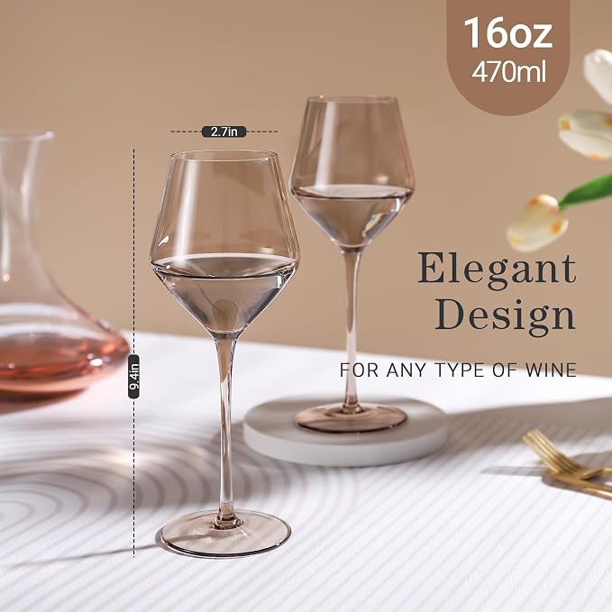Smokey Sand Wine Glasses Set 6-16oz, Long Stem, Universal Size for White and Red Wine - Hand Blown Smoky Amber Brown Neutral Stemware for Home,Party - Image 2