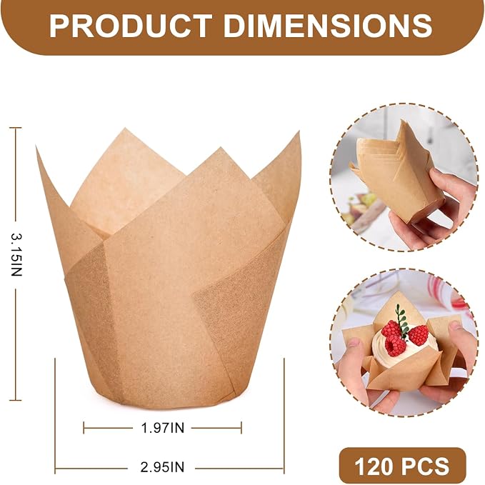 Neyimqr 120 Counts Natural Tulip Cupcake Liners for Baking Cups, Food Grade Parchment Paper Muffin Liners Holders, Standard Tulip Cupcake Liners, Greaseproof Cup Cake Wrappers for Party, Christmas - Image 2