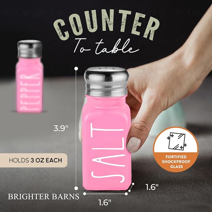 Pink Salt and Pepper Shakers Set by Brighter Barns - Modern Kitchen Decor and Accessories - Cute Glass Shakers - Vintage Decor for Home, Restaurants, Housewarming Gifts & Stainless Steel Lids (Pink) - Image 4