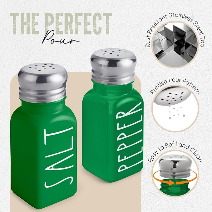 Green Salt and Pepper Shakers Set by Brighter Barns - Modern Farmhouse Kitchen Decor for Home, Restaurants, Airbnb - Cute Kitchen Decor and Accessories - Glass Shakers & Stainless Steel Lids (Green) - Image 2