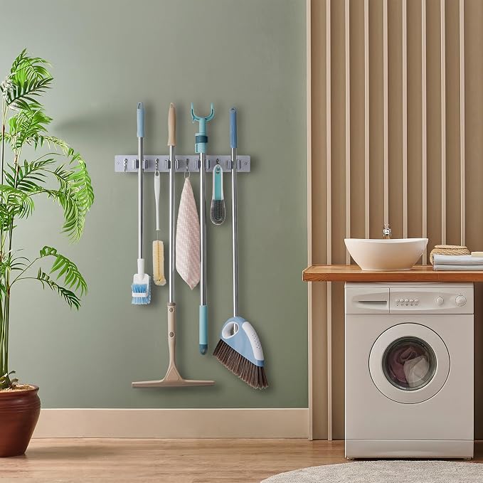 OUTNILI Gray Mop Broom Holder Wall Mount with 4 Slots & 4 Hooks - Wood Broom Mop Hanger for Pantry Closet Laundry Room Organization - Heavy Duty Garden Tool Organizer - Image 5