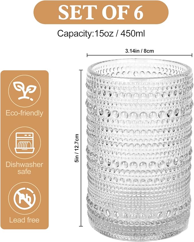 ZMOWIPDL Drinking Glasses Set of 6,15 oz Clear Hobnail Glass Cups | Vintage Glassware，Embossed Water Tumbler,for Beer,Cocktail,Whiskey,Juice and Various Mixed Drinks- 1 Cleaning Brus - Image 2