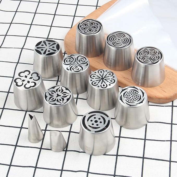 22 Pcs Stainless Steel Extra Large Russian Tulip Flower Icing Tips Set, 10 XXL Piping Nozzle,1 Big Leaf Tip,1 Petal Rose Flower Tip,10 Disposable Pastry Bags for Cake Decorations