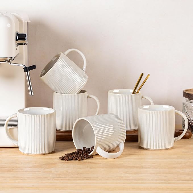 theterra Ceramic Coffee Mugs Set of 6, 14.2 oz Coffee Cups with Handle | Handmade, Suitable for Latte, Tea, Milk, Beer & Hot Cocoa, Reactive White by TheTerra