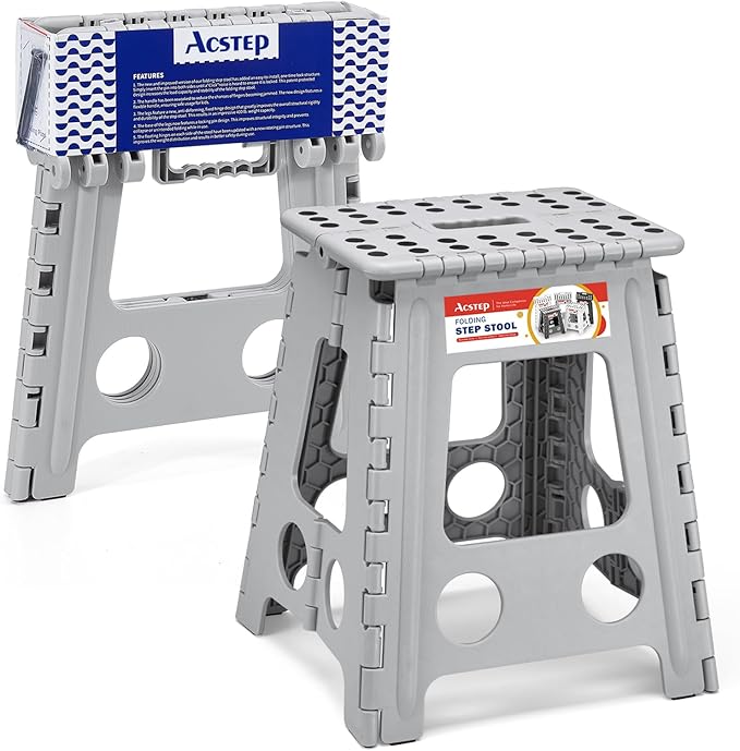 ACSTEP 16 Inch Folding Step Stool, Heavy Duty, 400 lbs, Grey | Lightweight Collapsible Stepping Stool for Adults with Handle, Non-Slip, for Kitchen, Bathroom, Bedroom and Outdoor Use by ACSTEP