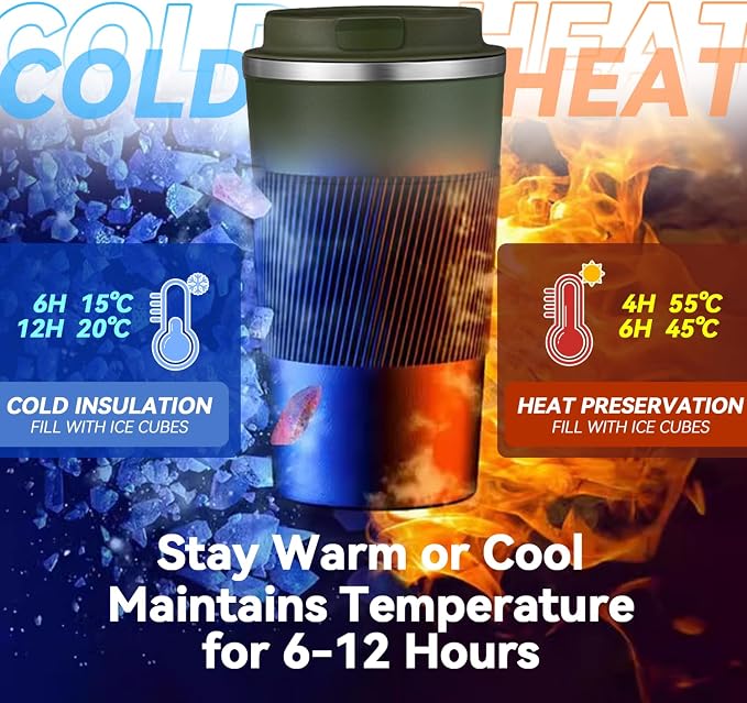 12OZ Travel Coffee Mug Insulated Coffee Cup with Spill Leak Proof Lid, Portable Stainless Steel Tumbler Reusable Hot and Cold Water Mug for Car, Daily, Camping- Military Green - Image 6