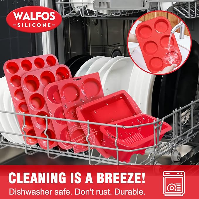 Walfos Silicone Muffin Pan - 6 Cup Non-Stick Silicone Cupcake Pan, Just PoP Out! Food Grade and BPA Free Baking Cups, Perfect for Egg Muffin, Cupcake, Dishwasher Safe (2 Pack Muffin Pan)