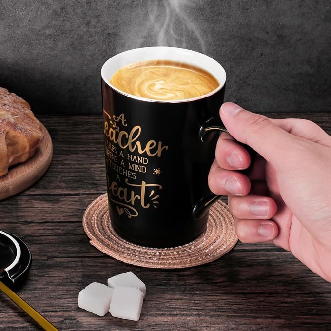 Best Teacher Appreciation Gifts for Men Women, 14oz Unique Black Coffee Mug | Gold Print Teacher Ceramic Cup, Presents for Teachers Graduation Retirement Valentine, with Lid Spoon Card, Nice Gift Boxed - Image 5