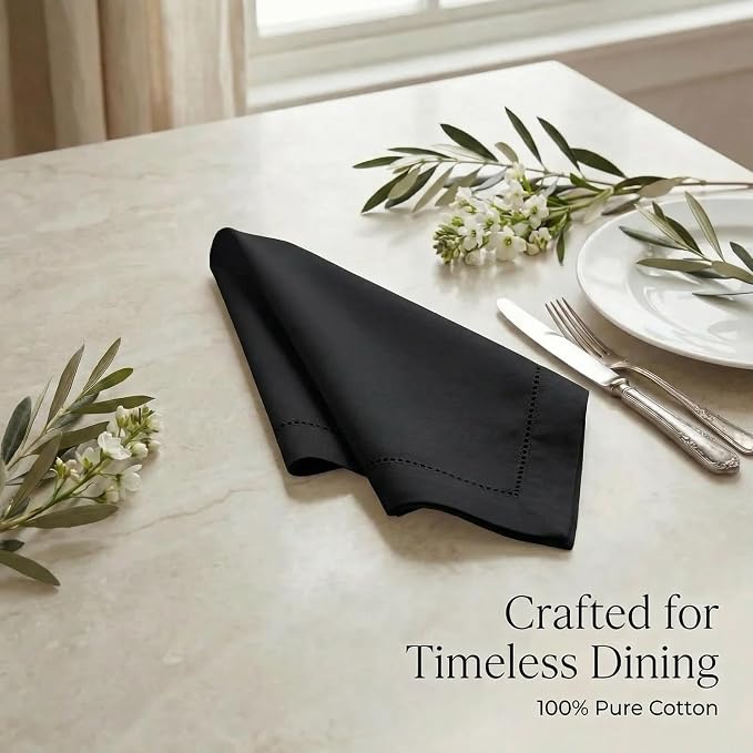 Urban Villa Hemstitch Cloth Dinner Napkins Cotton 20”x20” (Set of 12)-Black - Image 8