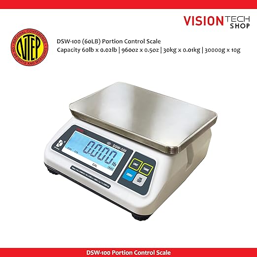 VisionTechShop DSW-100 Portion Food Scale with Dual LCD Display, Stainless Steel Platter, 60lb Capacity, 0.02lb Readability, Lb/Oz/Kg/g Switchable, Low Profile Design, NTEP Legal for Trade COC #22-007