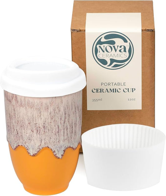NOVA CERAMICS Grapefruit 12oz Travel Mug - To Go Coffee Tumbler With Lid - Microwave & Dishwasher Safe - Unique Design - Modern Style - Reusable - Adults by NovaCeramics