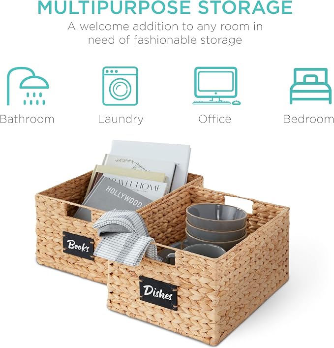 Best Choice Products Pantry Baskets Set of 2 16x12in Water Hyacinth Storage Baskets, Woven Wicker Kitchen Organizers with handles w/Chalkboard Label Chalk Marker - Natural - Image 6