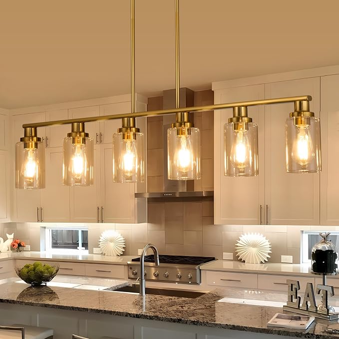 Kitchen Island Lighting, 6-Light Modern Dining Room Light Fixture Over Table,44.3'' Vintage Farmhouse Gold Linear Chandelier, Industrial Pendant Lights for Kitchen Island with Clear Glass Shade by KPIOK
