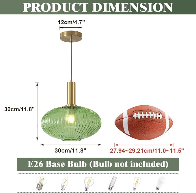 KCO Gold Brass 11.8” Large Vintage Green Ribbed Fluted Glass Pendant Light | E26 Adjustable Lantern Hanging Light for Sloped Ceiling Mid Century Modern Ceiling Light for Kitchen Island Sink Dining Room - Image 2