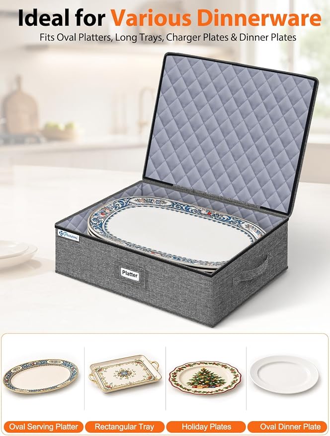 punemi Hard Shell China Platter Storage Containers for Moving, 2 Pack, Grey | Stackable Padded Cases with Felt Dividers, 17 x 13 x 6 in, for Serving Platters, Oval Plates, Trays and Holiday Dishes - Image 3