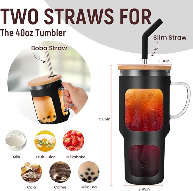 COMOOO 40oz Glass Tumbler with Bamboo Lid and Straw, Glass Water Cup with Handle, Iced Coffee Drinking Cup with Silicone Sleeve, Glass Tumbler Dishwasher Safe, Cup Holder Friendly, Black
