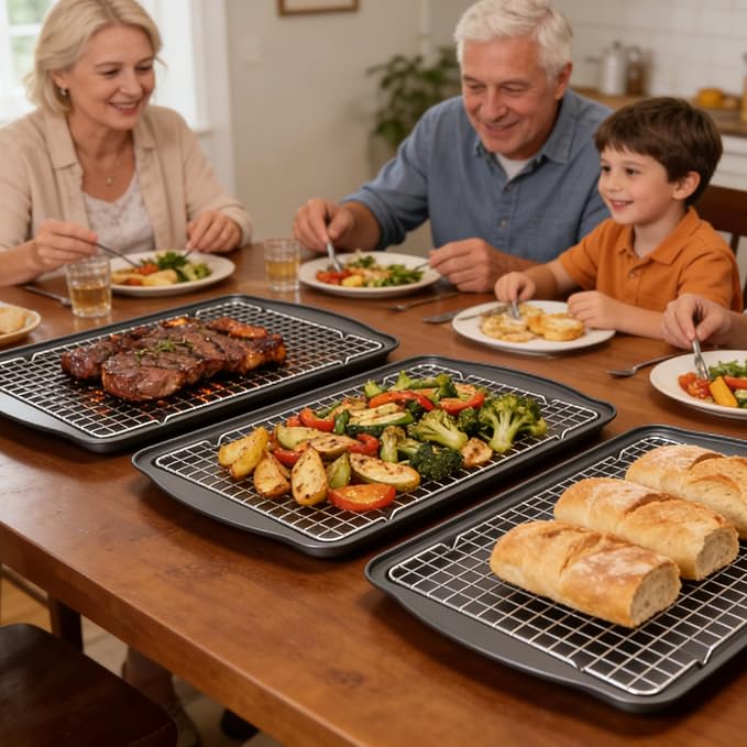 ShineMe Baking Sheet Pan with Cooling Rack 3 Pack, Nonstick Sheet Pan with Wire Rack and Silicone Pastry Brush, Carbon Steel Baking Pans for Cookie, Bacon and Vegetables 17x12x0.5in - Image 7