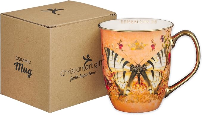Christian Art Gifts Orange Butterfly Ceramic Coffee Mug with Gold Accents – 14 oz. Lead & Cadmium-free Inspirational Scripture Coffee and Tea Mug for Women & Men with Bible Verse: Grace –Ephesians 2:8 - Image 6