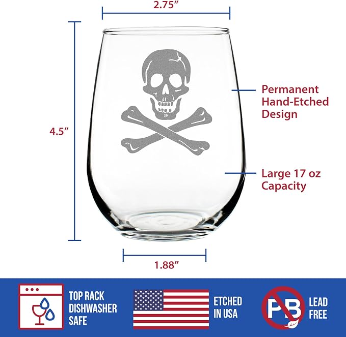 Custom Skull and Crossbones Personalized Stemless Wine Glass - Skull Decor and Jolly Roger Flag Gifts - Large 17 Oz Glasses - Customized Wine Glass Gift - Image 4