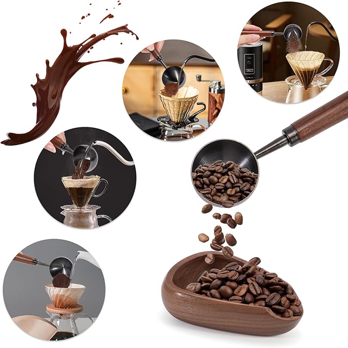 Vintage Coffee Scoop 10g/30ml Capacity Retro 304 Stainless Steel Coffee Measuring Spoon Walnut Wooden Handle Coffee Scoop Kitchen Utensil for Measuring Scooping Tea Coffee Spices (Long Handle)