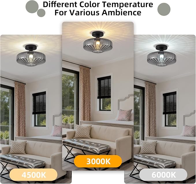 Semi Flush Mount Ceiling Light, 11.8 Inch Smoke Grey Glass Ceiling Light Fixture, Farmhouse Hallway Lighting Fixtures for Kitchen, Foyer, Bedroom, Bathroom, Dining room, E26 Base (Bulb Not Included) - Image 7