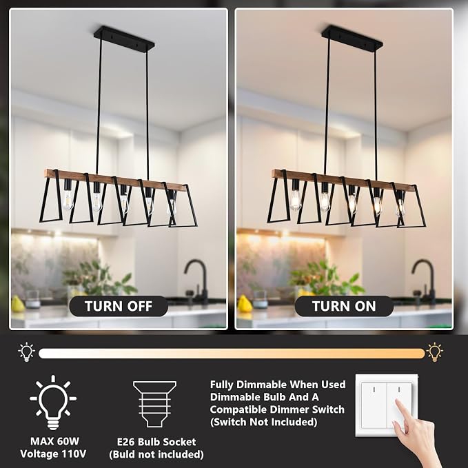 Rustic Wood Chandeliers Farmhouse 5 Light Dining Room Light Fixtures Mid Century Modern Black Linear Chandelier Industrial Kitchen Island Rectangle Pendant Light - Image 4