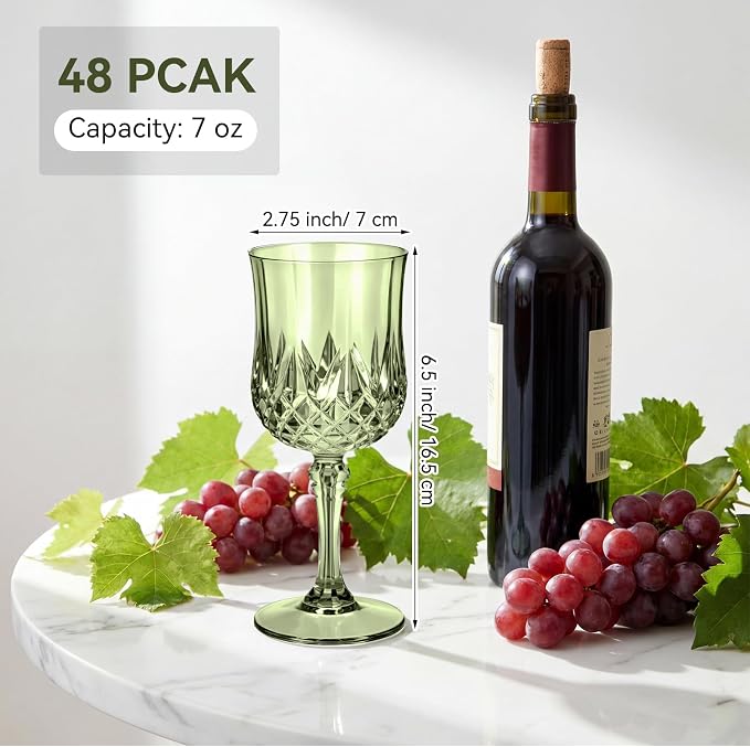 Sliner 60 Pcs 7oz Plastic Vintage Wine Glasses Drinking Goblets Unbreakable Crystal Water Glassware Reusable Diamond Champagne Flutes Cups for Wedding Banquet Birthday Party Supplies (Green) - Image 2