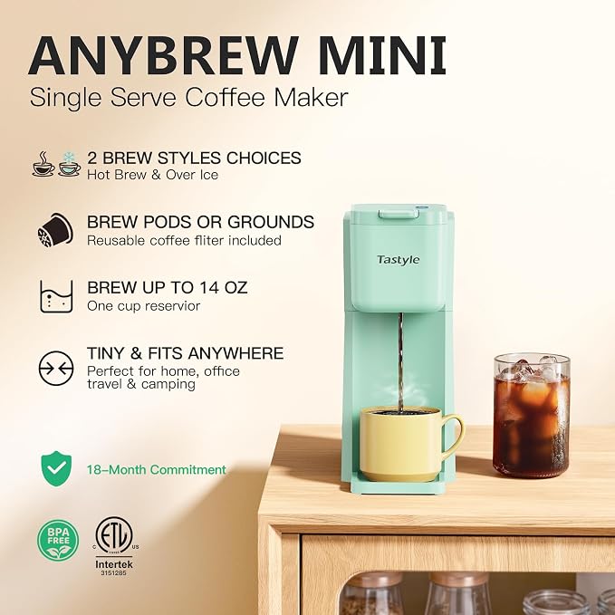 Tastyle Mini Single Serve Hot and Iced Coffee Maker for K Cup and Ground | 6 to14 Oz Brew Sizes, with Recipe Book, for Home, Travel, RV, Office and Dorm, 120V, K310IC, 2.0 version, Mint - Image 2