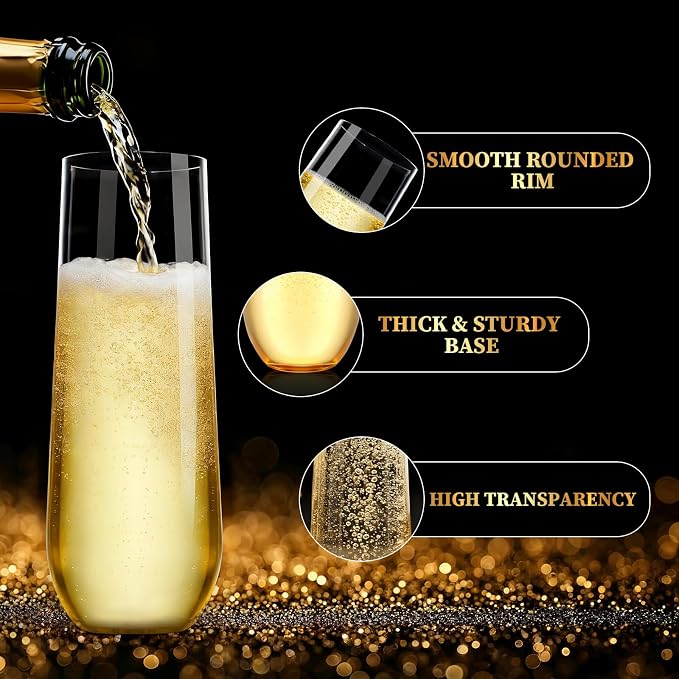 Guanqiao 24 Pack Stemless Plastic Champagne Flutes, 9 oz Clear Disposable Plastic Glasses, Heavy Duty Shatterproof Recyclable Mimosa Glasses for Party Wine Tasting Wedding New Years Eve Party Supplies - Image 4