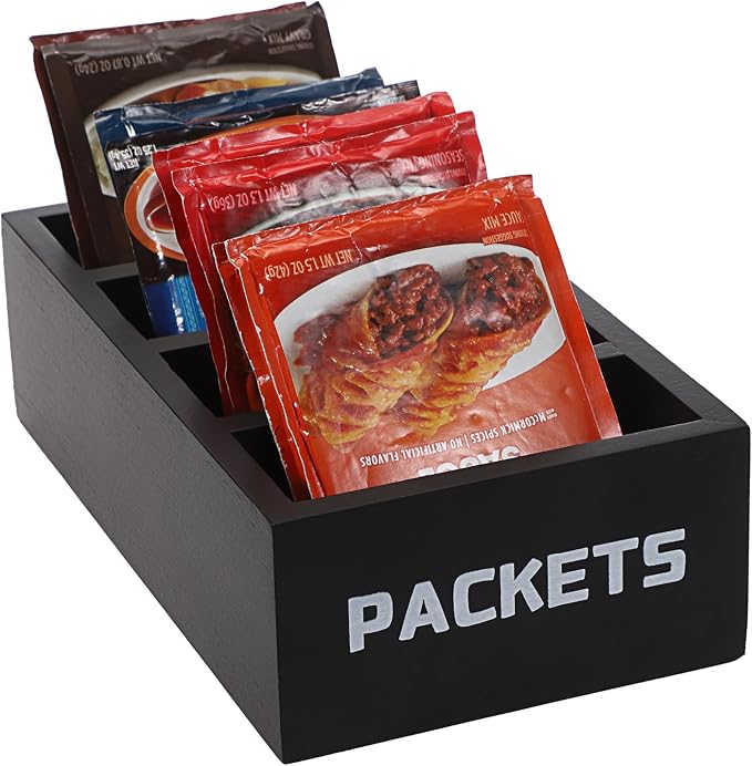 BSTKEY Seasoning Packet Organizer, Food Packet Storage Organizer with 4 Compartments, Black Wooden Storage Caddy for Kitchen Pantry Cabinet, Farmhouse Kitchen Organization Bin for Snacks Spice Packets by BSTKEY