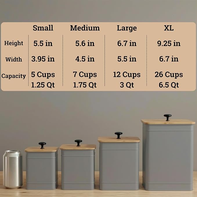 Kitchen Canisters for Countertop Set of 4 w/ Chalkboard Labels & Marker Pen | Airtight Easy Open Bamboo Lids, Dent-Resistant Thick Metal, Customizable Chalkboard Labels, Marker Pen Included, Set of 4 - Image 6