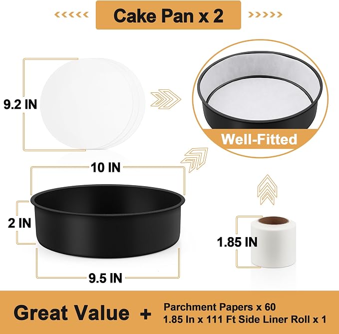 E-far 9.5 Inch Cake Pans Set of 2, Nonstick Stainless Steel Small Round Baking Pans with Parchment Paper & Side Liner Roll, Stainless Steel Core & Non-toxic Coating, Straight Side & 2 Inch Deep - Image 2