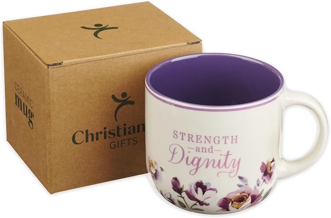 Christian Art Gifts Large Inspirational Ceramic Coffee & Tea Mug for Women: Strength & Dignity Encouraging Bible Verse, Cute Non-toxic Lead-free Novelty Beverage Cup, White & Purple Floral, 14 oz. - Image 7