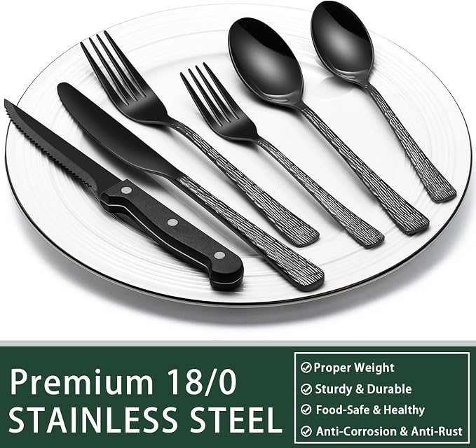 EWFEN 24-Piece Black Silverware Set with Steak Knives, Black Flatware Set for 4, Food-Grade Stainless Steel Tableware Cutlery Set, Mirror Finished Utensil Sets for Home Restaurant, Tree Pattern - Image 5