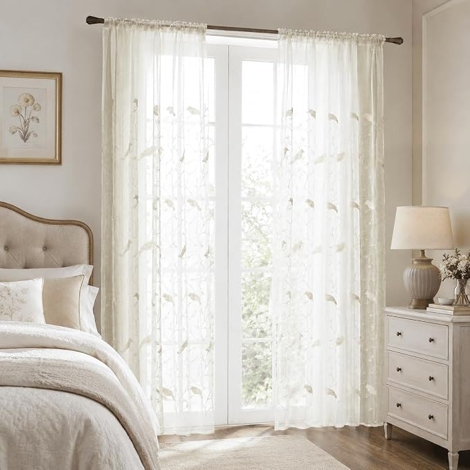 Rod Pocket Sheer Curtains Elegant Embroidered Bird Design White Window Drapes/Panels for Living Room, 54 x 84,Two Panels - Image 3
