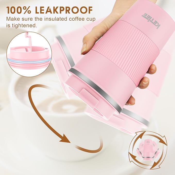 KETIEE 12oz Travel Mug, Insulated Coffee Cup with Leakproof Lid, Travel Coffee Mug Vacuum Stainless Steel Double Walled Reusable Car Tumbler for Hot and Cold Water Tea（Pink） - Image 5