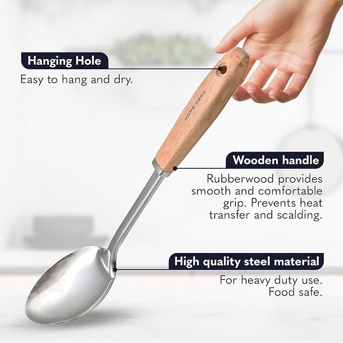 Home Hero 10-Piece Stainless Steel Kitchen Utensil Set with Wooden Handle | Ergonomic Wood Handle Stainless Steel Kitchen Utensils - Rust-Resistant, Nonstick Safe with Storage Holder (10-Piece) - Image 4