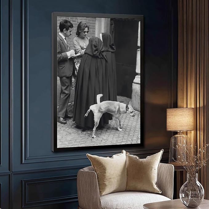 UXCBIA Dog Pees on Nun, Black And White, Vintage Funny Photo Humor Poster Canvas Poster Wall Art Decor Print Picture Paintings for Living Room Bedroom Decoration Black Frame 20x30in(50x75cm) - Image 3