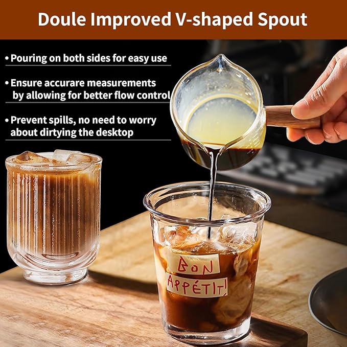 YARRAMATE 3.4oz Espresso Cups with Wood Handle, Clear Glass Espresso Accessories, Double Spout Measuring Cup with Dual Scale, Espresso Shot Glass with V-Shaped Spout