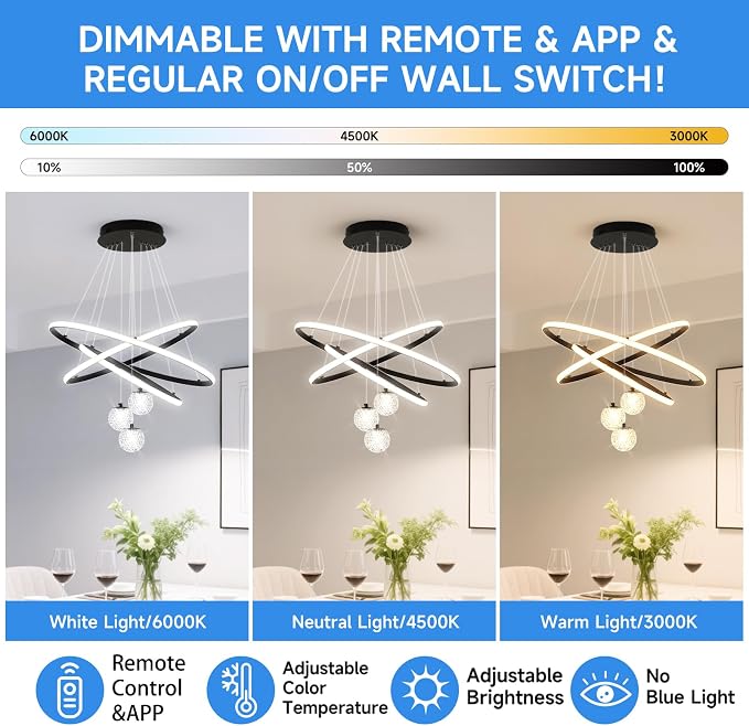 ORANOOR LED Modern 3 Ring Chandelier, 24inch Dimmable Kitchen Pendant Light | Black Dining Room Light Fixtures Ceiling Hanging Over Table, Globe Round Chandeliers for Dining Room Living Room Bedroom - Image 4