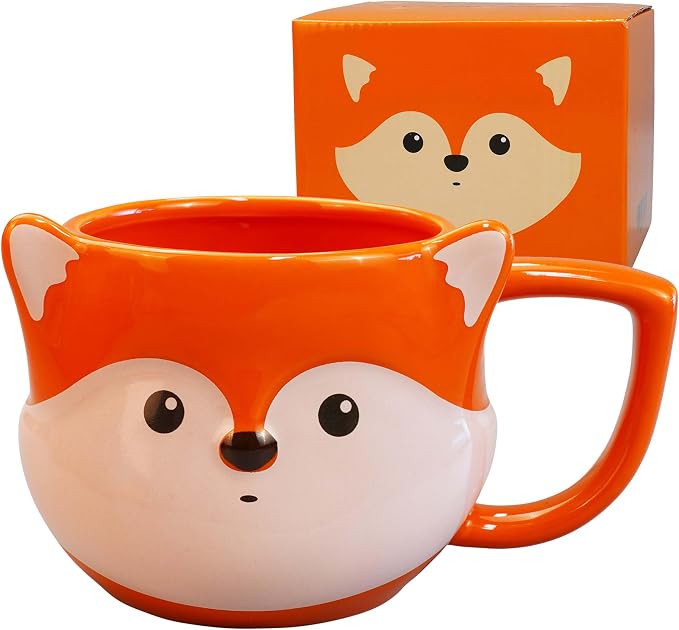 Fox Mug 14 oz Cute Ceramic Coffee Mug 3D Porcelain Tea Mug for Women Kawaii Cup Fox Gifts for Women Christmas Gifts Housewarming Holiday Birthday Gifts for Mom Kids Men Friend Orange by ToCooTo
