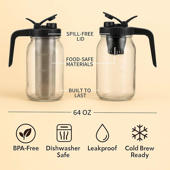 JBHO Cold Brew Coffee Maker 64OZ Marson Jars Wide Mouth Glass Picther Spout Lid with Stainless Steel Filter,Leakproof Maker for Iced Tea,Espresso,Lemonade-Black