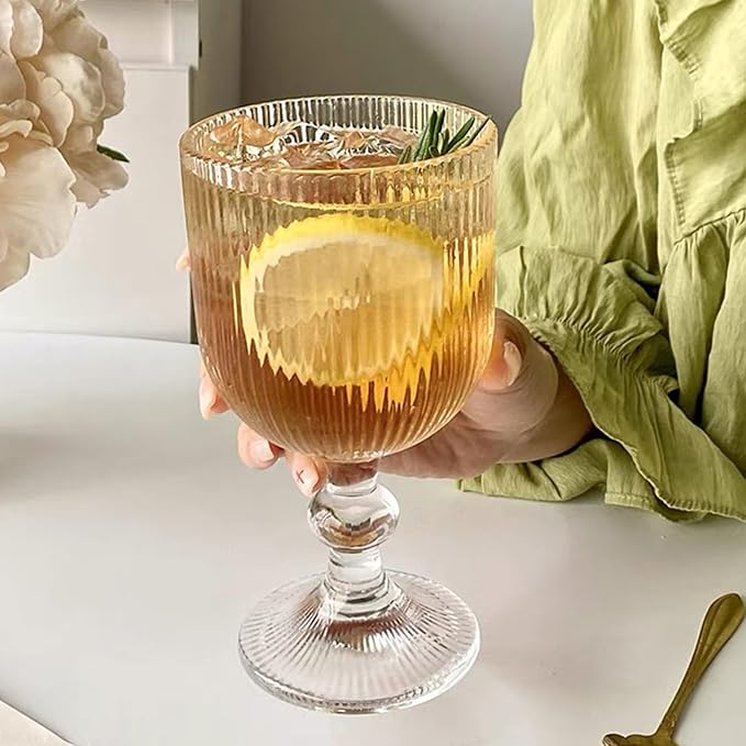 Vintage Wine Glasses Set of 6, 11 Ounces Colored Glass Water Goblets, Unique Embossed Pattern High Clear Stemmed Glassware Wedding Party Bar Glass Drinking Cups Fancy Glasses Vertical Line Clear - Image 4